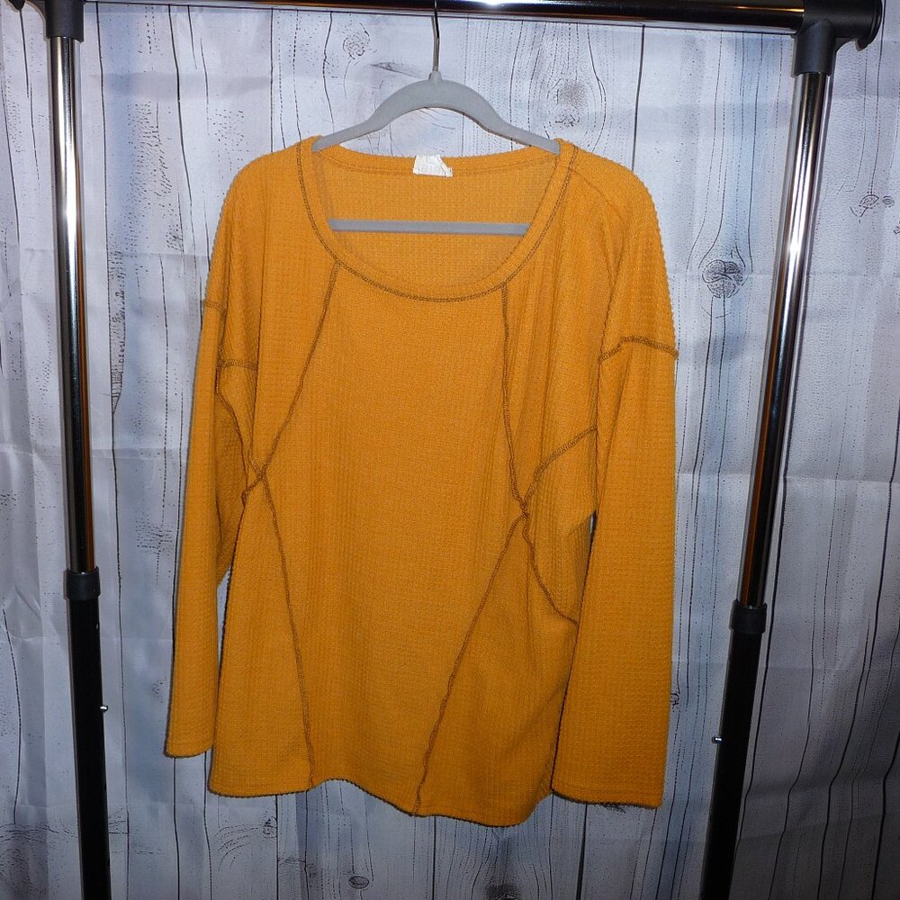 BiBi - Waffle Knit Long Sleeve Shirt with Exposed Seams - Mustard Gold - XL